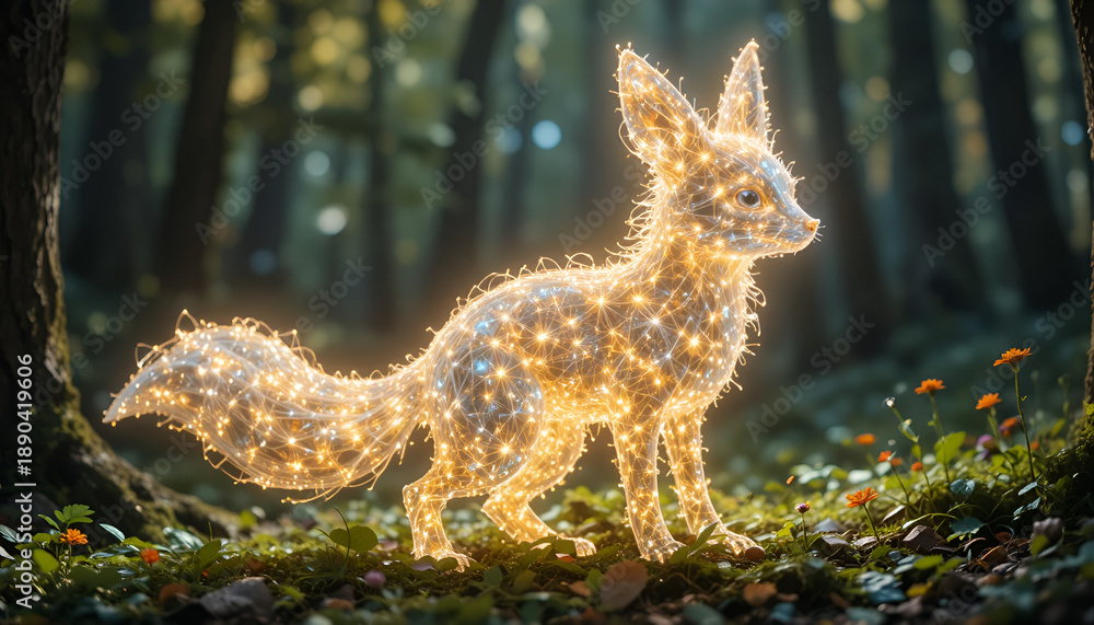 Obraz premium A glowing, illuminated fox sculpture stands in a serene forest surrounded by trees and flowers.