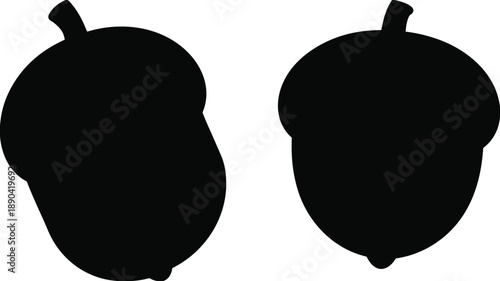 Acorn silhouette icons set, black and white oak seed illustration, minimalist autumn nature symbol, isolated botanical vector design