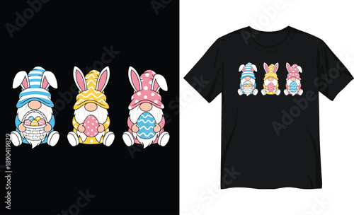 Three Cute Easter Gnomes with Bunny Ears Holding Easter Eggs and Basket, Vector Illustration