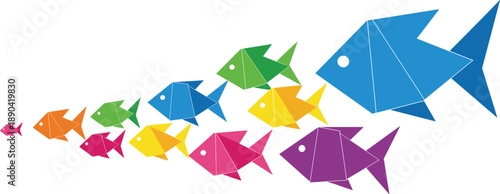 Colorful origami fish illustration showing growth and leadership concept, creative business success metaphor, teamwork and progression design isolated on white background