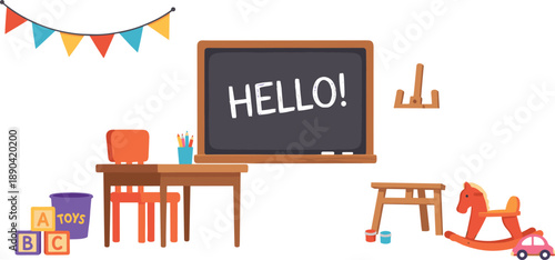Nursery classroom interior set with wooden blackboard teacher desk chair rocking horse bunting and alphabet toy block icons.