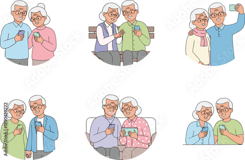 Elderly couple icon set using smartphones and tablets taking selfies and browsing the internet for digital literacy themes.