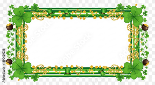 St patrick's day shamrock frame with gold ornaments and ladybugs on transparent background