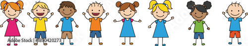 Cute cartoon children standing together in a row, diverse happy kids characters illustration representing friendship, inclusion, childhood joy concept isolated on white background