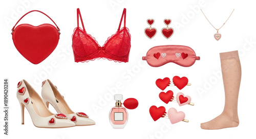 Valentine's Day themed lingerie, heart-shaped handbag, high heels, perfume, jewelry, and romantic accessories, perfect for love celebrations