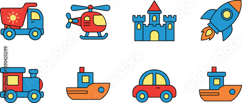 Wooden toy vehicle icon set featuring a dump truck helicopter castle rocket ship train boat and car illustrations.