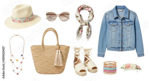Women's summer fashion accessories including a straw hat, sunglasses, scarf, denim jacket, layered necklace, woven handbag, white heeled sandals, colorful bracelets, and floral hairband