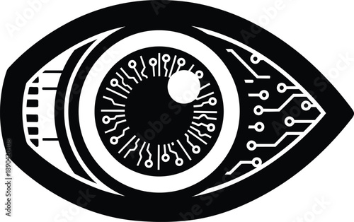 Cybernetic eye with circuit board patterns representing artificial intelligence and vision