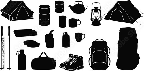 Camping equipment silhouette set, outdoor adventure gear collection, black and white hiking tools, travel survival icons vector illustration