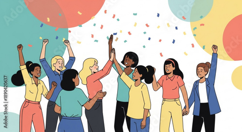 Diverse group of people celebrating with raised hands and confetti