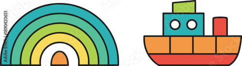 Wooden Montessori toy set featuring a colorful rainbow stacking arch and a vibrant nautical tugboat for creative play.