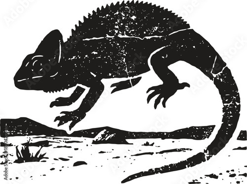 Chameleon silhouette on desert landscape with rocks and sparse plants black and white design