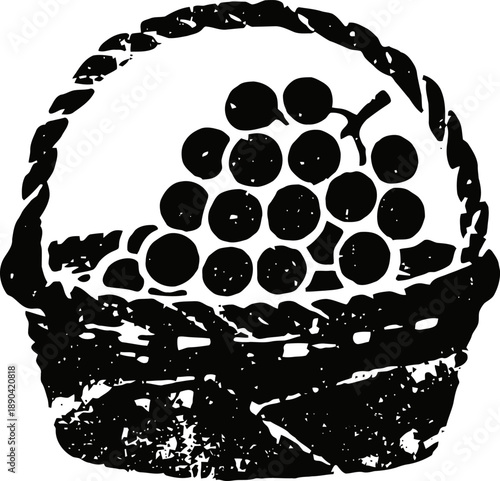 Basket filled with grapes illustration hand drawn rustic fruit basket with grape bunches, vintage farm produce concept