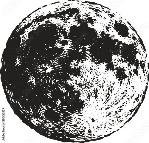 detailed black and white illustration of the moon surface with craters and shadows, lunar texture