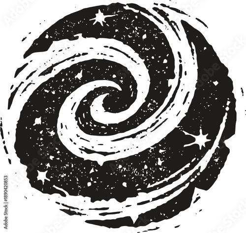 abstract cosmic spiral galaxy with stars, space swirl, black and white universe illustration