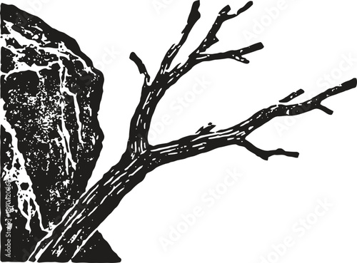 dead tree branch leaning against large textured rock silhouette isolated on white