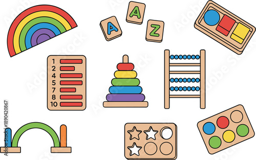 Montessori education icon set with alphabet tiles stacking tower rainbow arch abacus and counting logic tools for learning.