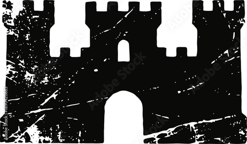 grunge black castle silhouette with battlements and central arched doorway