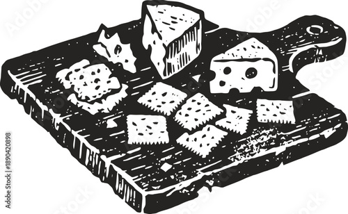 Cheese and crackers on wooden cutting board, assorted snacks and appetizers, hand drawn illustration