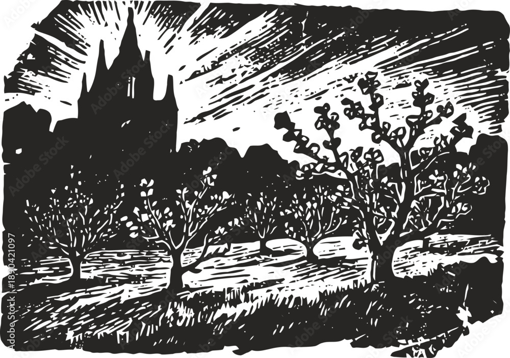 Obraz premium Vintage black and white illustration of orchard trees with castle silhouette background