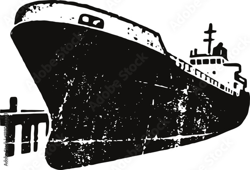 Large cargo ship docked at pier with vintage distressed texture effect