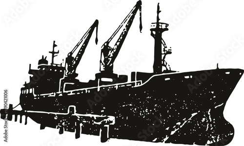 Large cargo ship docked at harbor with cranes loading and unloading goods silhouette