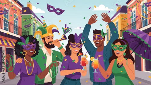 Mardi Gras celebration with diverse people in masks and costumes throwing confetti on a colorful street concept for festival and party