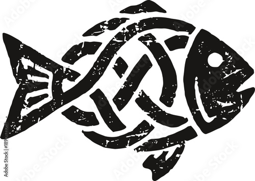 Abstract tribal fish illustration with scandinavian knot design in black and white