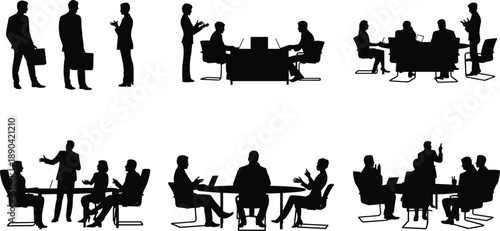 Silhouettes of business professionals in meetings, discussions and presentations, teamwork and corporate collaboration scenes isolated on white background