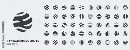 abstract and geometric sphere icon set, 50 vector icons of 3d balls and globes with patterns, dots, circles, and halftone elements for web, modern design, or scientific illustrations.