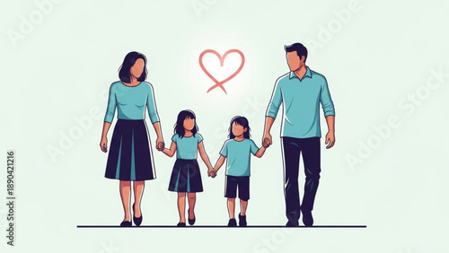 Happy family walking together parents and two children holding hands with a heart symbol above representing love and unity vector illustrati