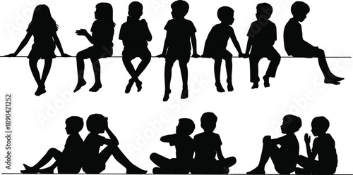 Silhouettes of children sitting and chatting together in playful poses, kids friendship, childhood interaction and social activity concept isolated