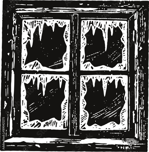 Frosted window with ice crystals in a wooden frame winter cold glass pane with frosty patterns