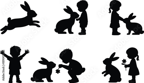 Children and rabbit silhouette set, kids interacting with bunny illustration, black and white childhood friendship, playful animal vector design