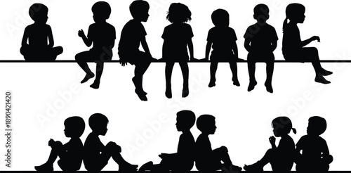 Silhouettes of children sitting together in various poses, playful kids social interaction, friendship and childhood innocence concept isolated on white background