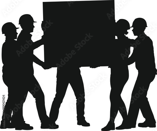 Silhouettes of construction workers carrying a heavy box together, teamwork, cooperation and industrial labor concept isolated on white background