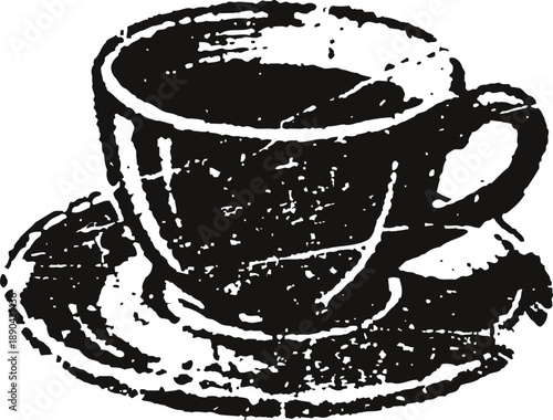 Black and white coffee cup and saucer illustration with vintage distressed texture