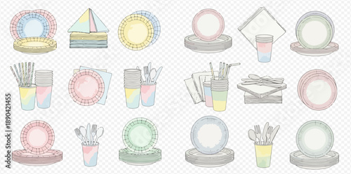 Collection of pastel-colored disposable party supplies including plates, cups, and cutlery, perfect for celebrations.