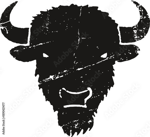 Grunge bison head silhouette with horns wild animal illustration, vintage distressed textured design