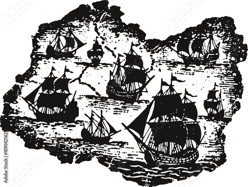 Old pirate treasure map with vintage sailing ships and ocean navigation routes illustration