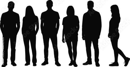 Silhouettes of men and women standing together in a line, casual human figures representing modern lifestyle, social diversity and community concept