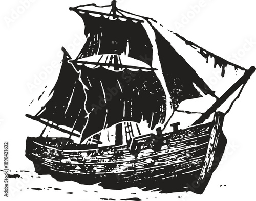 Old wooden sailing ship with multiple sails and rigging, vintage maritime vessel illustration