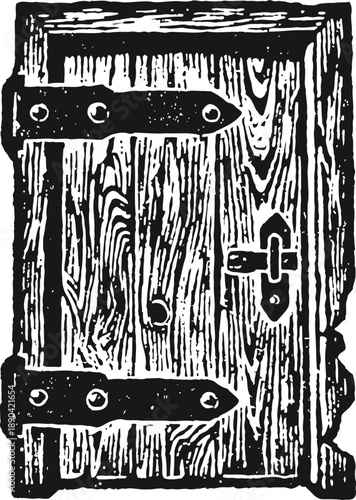 Rustic wooden door with metal hinges and latch, vintage texture, antique entrance illustration