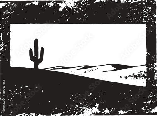 Desert landscape with cactus silhouette and textured frame in black and white