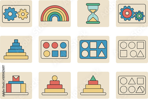 Professional Montessori educational icon set featuring wooden gears rainbow hourglass stacking towers and shape sorter symbols for UI design.