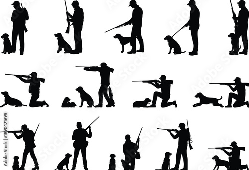 Hunter with dog silhouette collection, hunting activity poses set, black and white outdoors sportsman, firearm tracking animal vector illustration