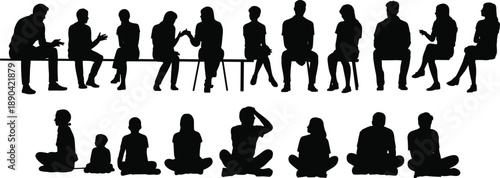 Silhouettes of people sitting and communicating in a group, social interaction, discussion and community gathering poses isolated on white background