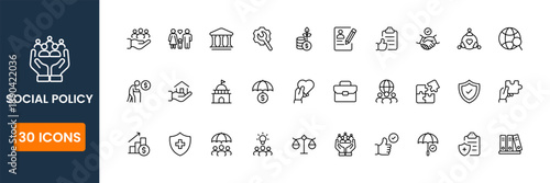 social policy icon set, government welfare and public policy symbols, social protection and rights vector icons for awareness projects