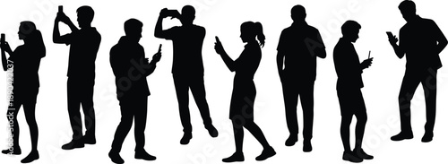 Silhouettes of people using smartphones and taking photos, modern digital communication, social media interaction and mobile technology lifestyle concept