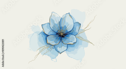 Elegant Blue Watercolor Flower Illustration with Delicate Gold Accents on a Light Neutral Background
